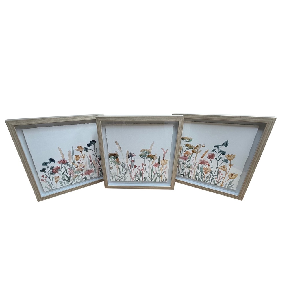 Marmont Hill Framed Floral Art Set of 3 Watercolor Wildflowers Deckle Edge
